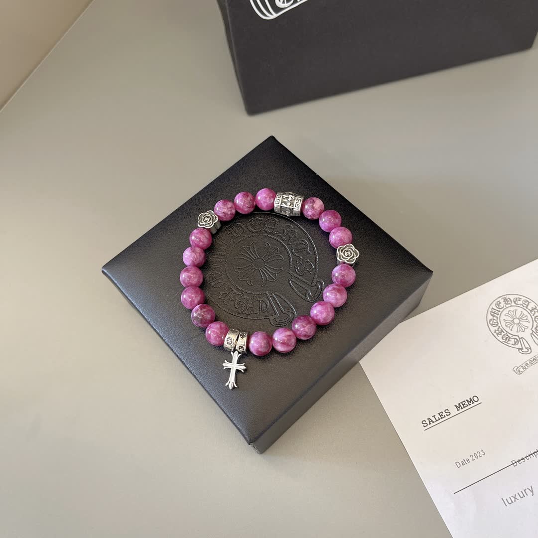 Chrome Hearts Purple Gemstone Bracelet with Silver Cross and Flower Charms